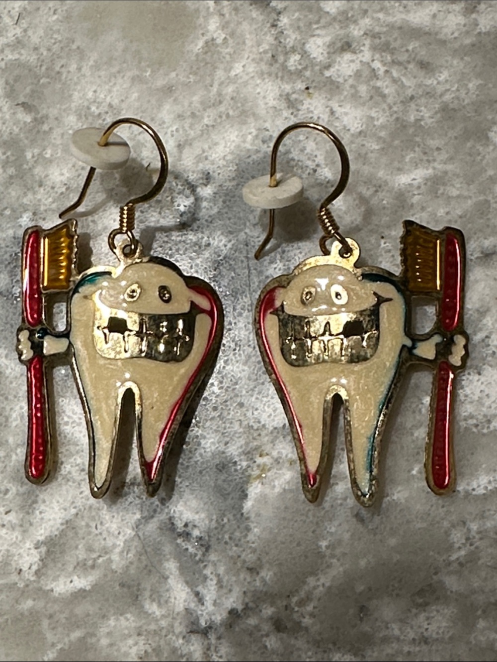 Vintage DENTAL Tooth and Red Toothbrush Dangle Earrings